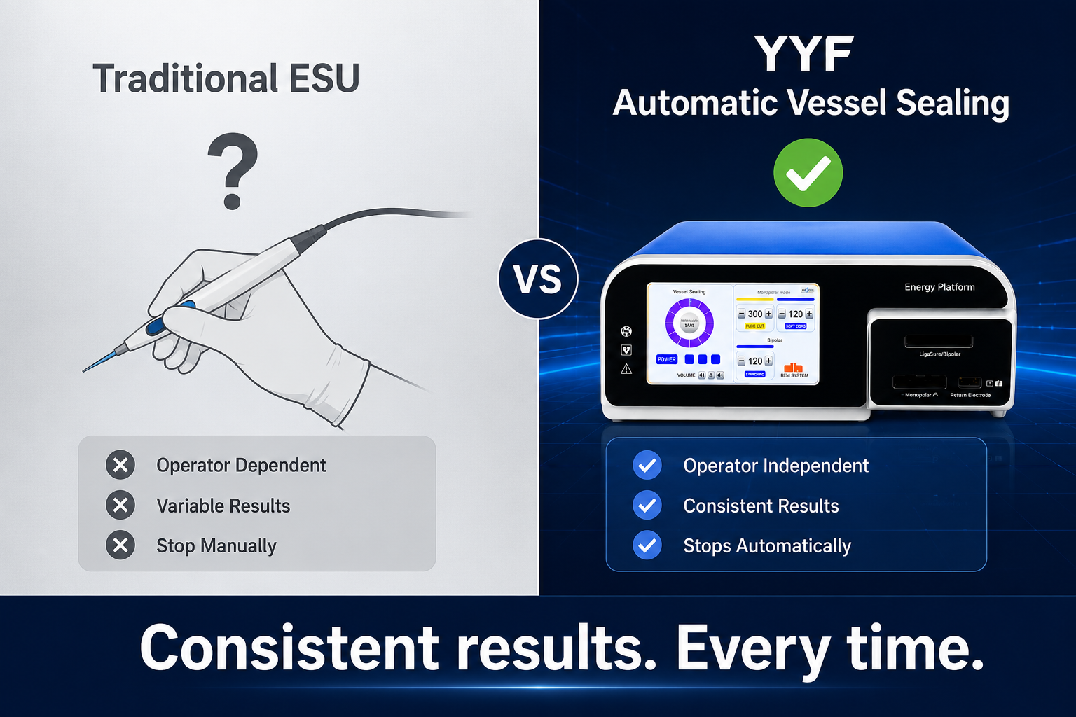 Traditional ESU compared with YYF automatic vessel sealing