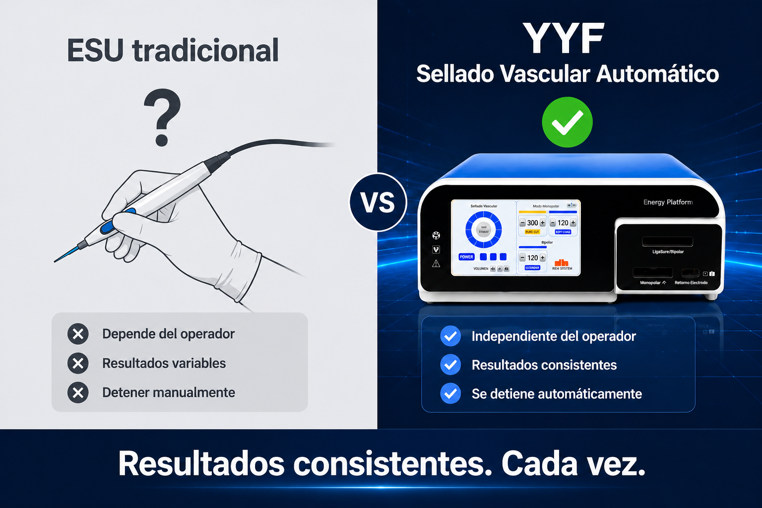 Electrocirugía tradicional comparada con el sellado vascular automático YYF